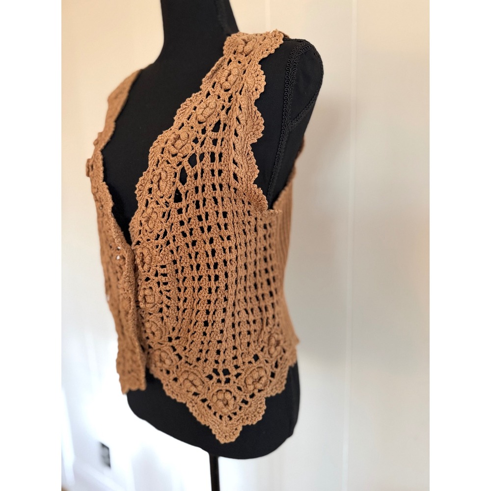 Vtg Handmade Medium Tan Brown Crochet Floral Vest Boho Chic Cottagecore 90s - Picture 3 of 10